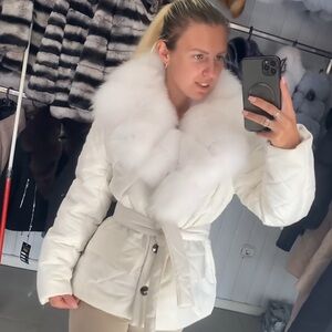 Women's Quilted Puffer Jacket with Real Albino Racoon Fur.